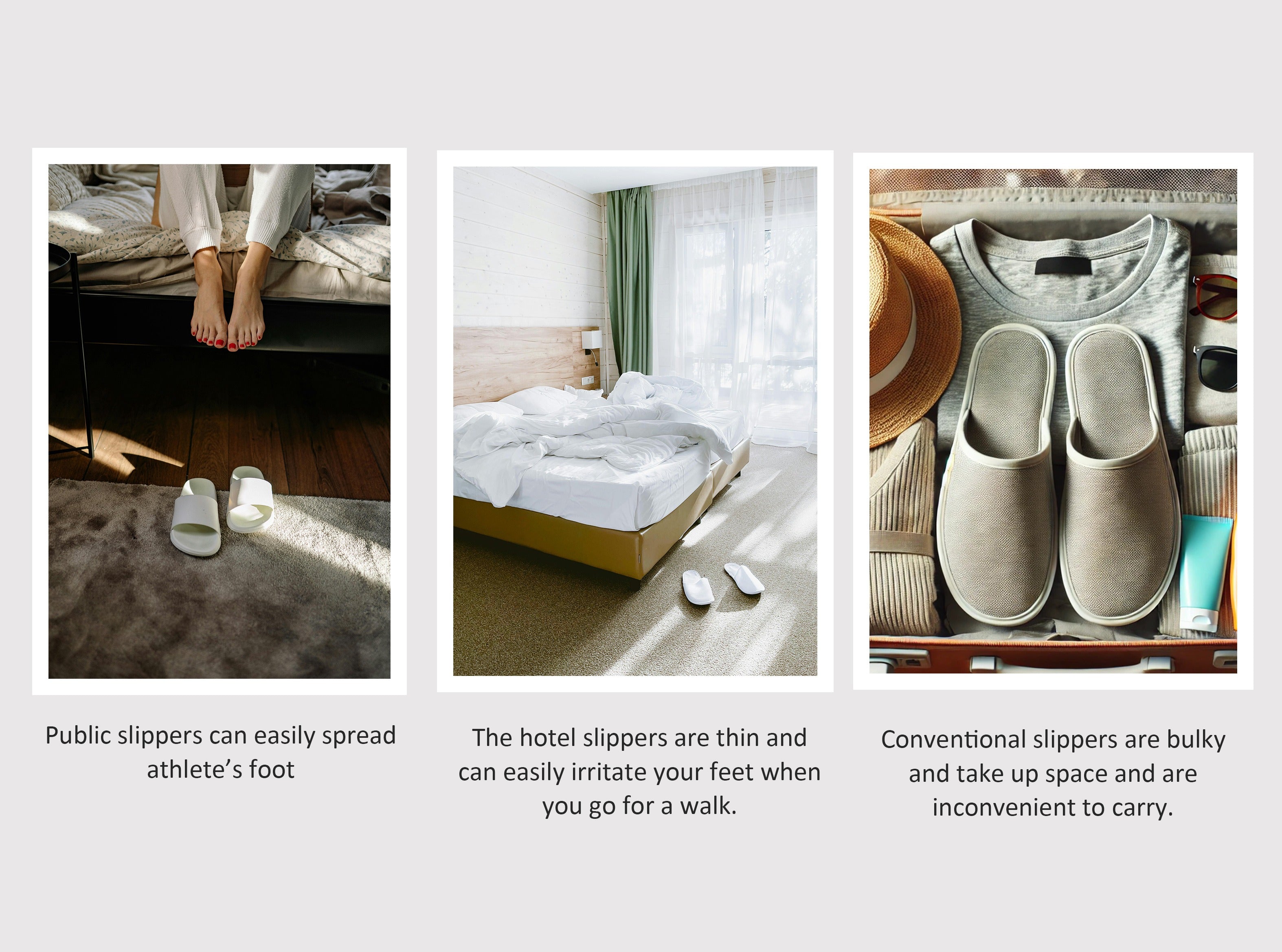 Comparison of public, hotel, and conventional slippers highlighting the benefits of portable foldable slippers for hygiene, comfort, and travel convenience.