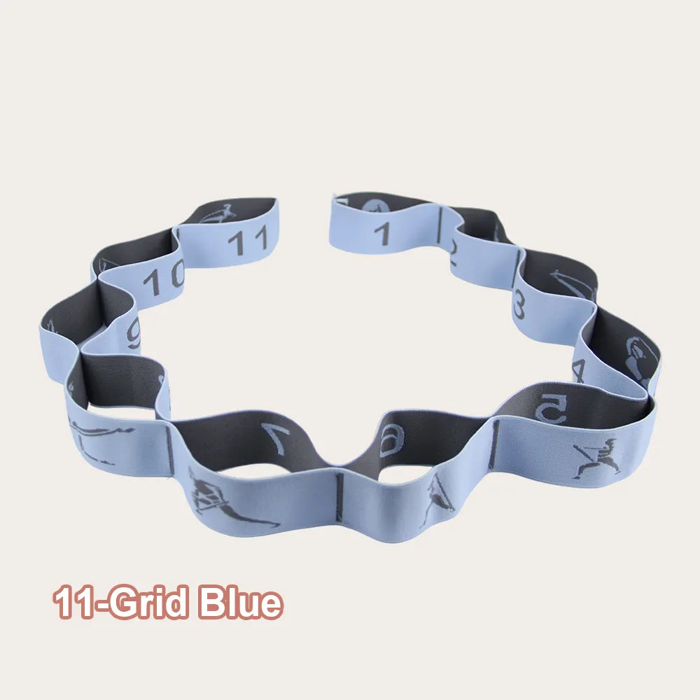 The 11-grid blue multifunctional yoga stretch strap is designed for advanced flexibility training, physical therapy, and posture correction. Numbered loops help track progress and assist in controlled stretching.