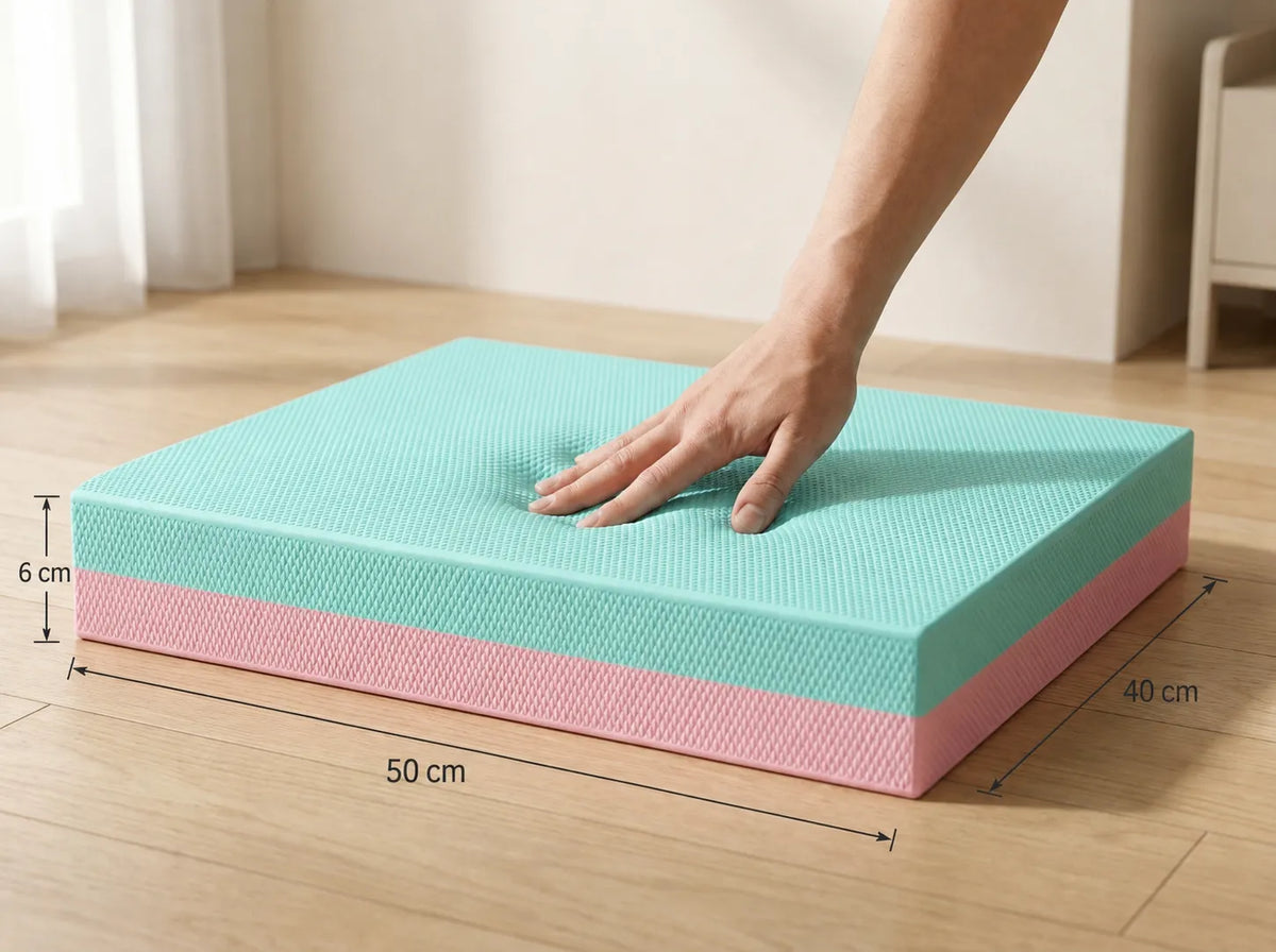 Sportive Lives TPE Yoga Balance Pad measures approximately 50 × 40 × 6 cm and features thick cushioned foam support for yoga, stretching, balance training and floor exercises.
