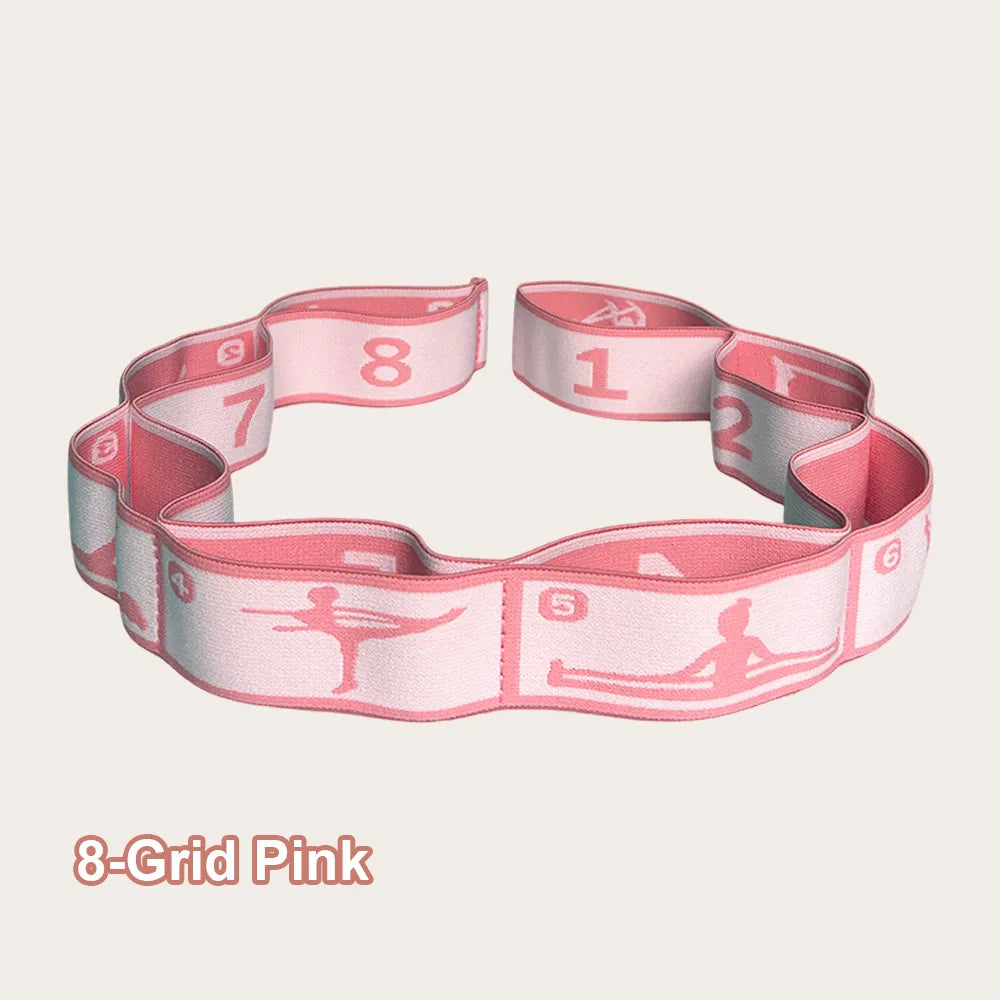 The 8-grid pink yoga strap offers targeted support for legs, arms, and back stretching. Ideal for beginners, dancers, and yogis aiming to improve flexibility and form.