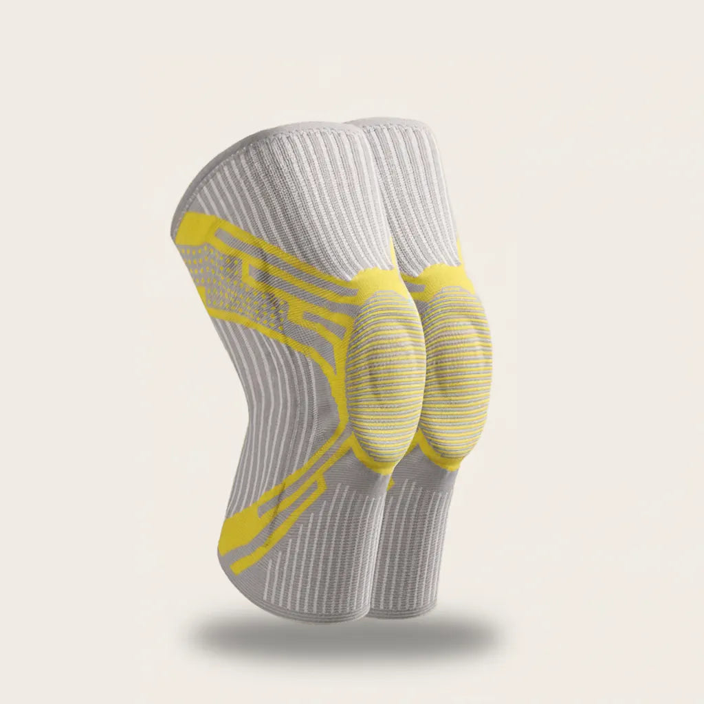 Sportive Lives yellow grey knee brace featuring stabilizing compression, breathable knit, and enhanced patella support for active lifestyles in Canada.