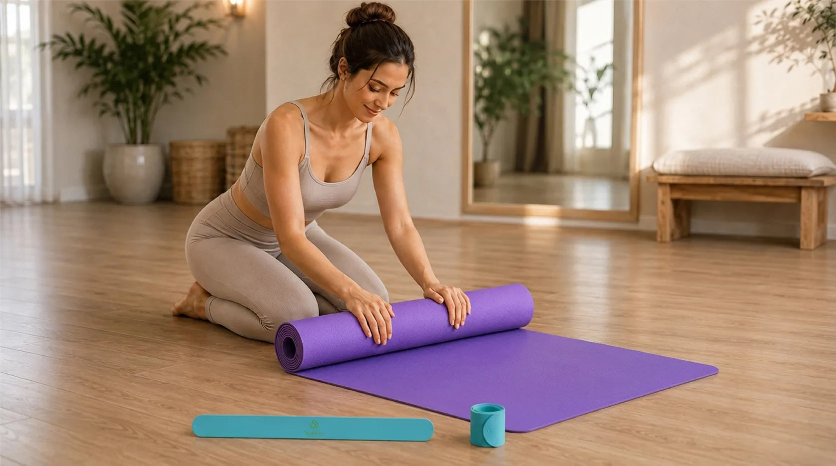 Aqua Yoga Mat Slap Band shown flat and coiled beside a woman rolling a purple yoga mat