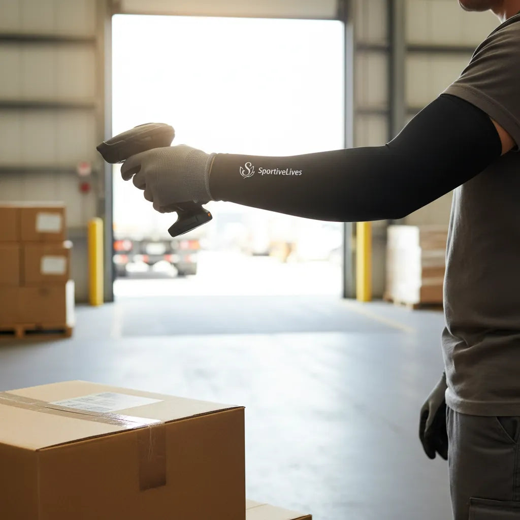Black UPF 50+ UV arm sleeves for warehouse work while barcode scanning; breathable, cooling protection.