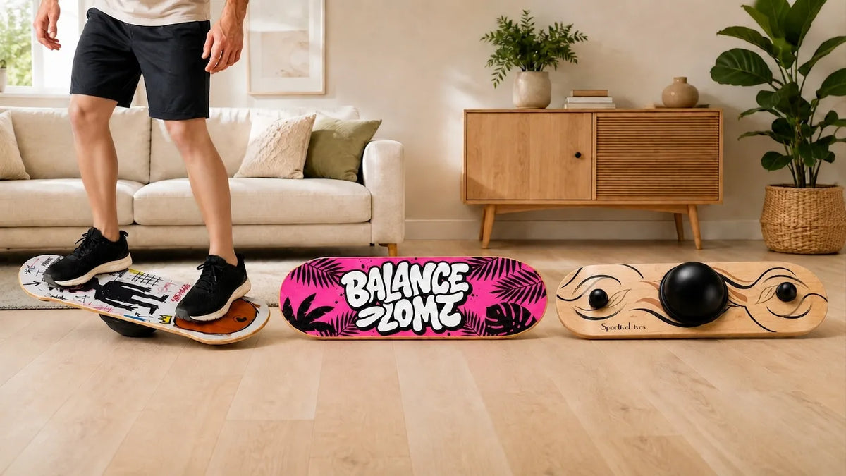 Man training on a Sportive Lives balance board at home beside a graphic sticker design and three-point balance support system.