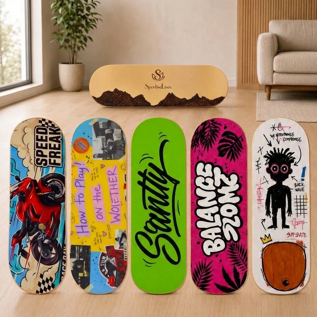 Sportive Lives balance board with five colourful random sticker design options for a personalized balance training setup.