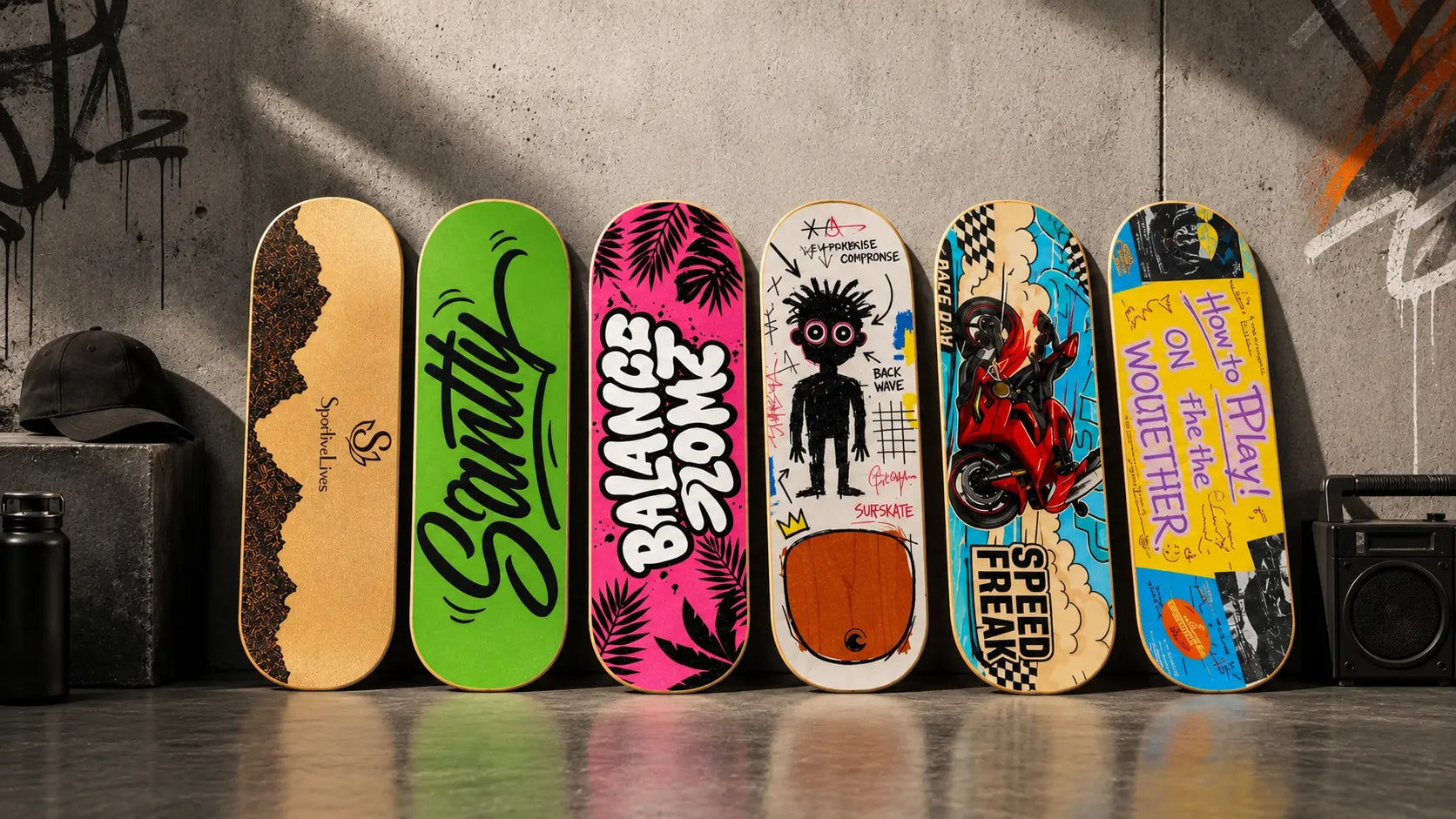 Sportive Lives balance board displayed with a collection of colourful graphic sticker designs including street art, motorcycle and balance-themed styles.
