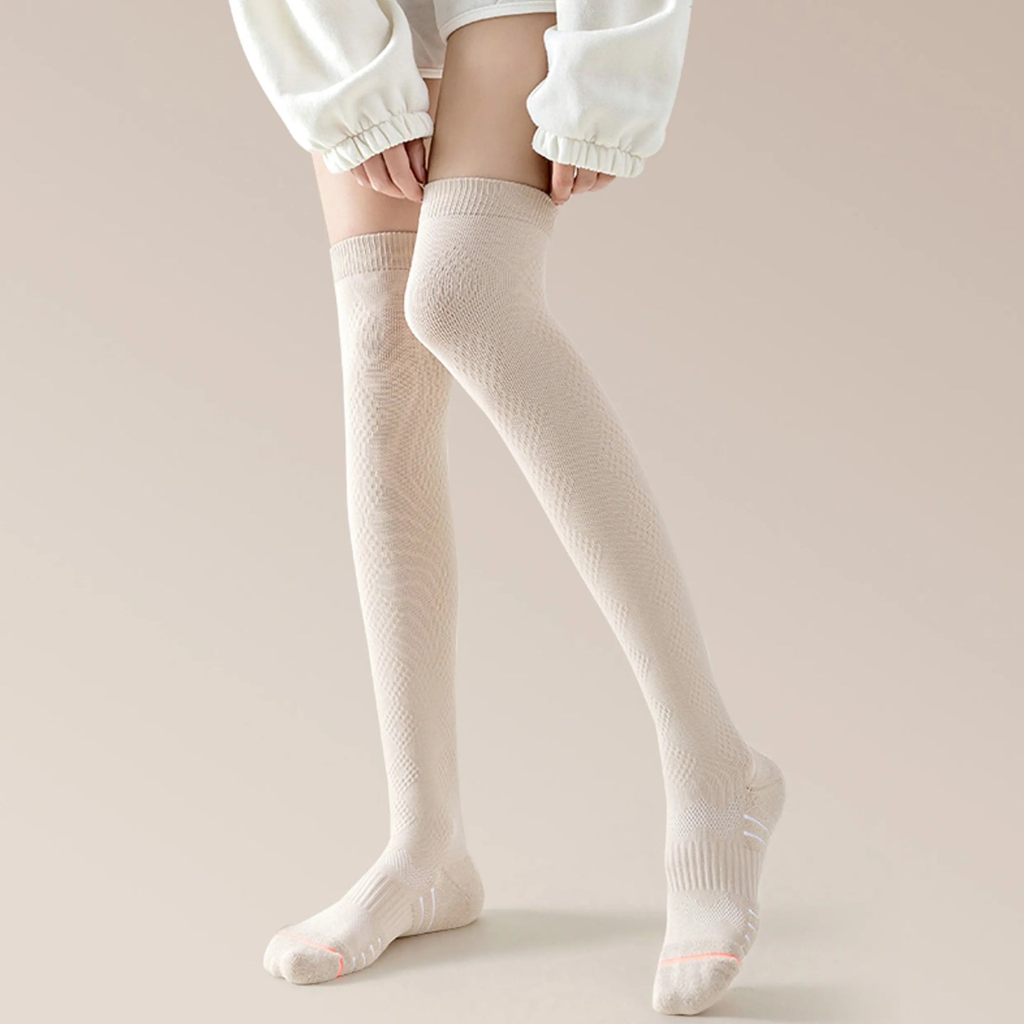 Beige Over-the-Knee Compression Socks with Terry Sole – Anti-Slip and Breathable