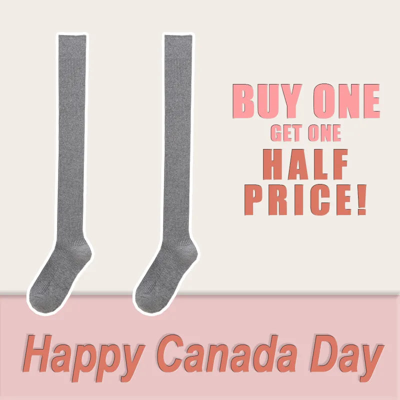 Pair of long grey over-the-knee socks featured in Canada Day sale – Buy One Get Second at Half Price, 25% off June 15–July 15.
