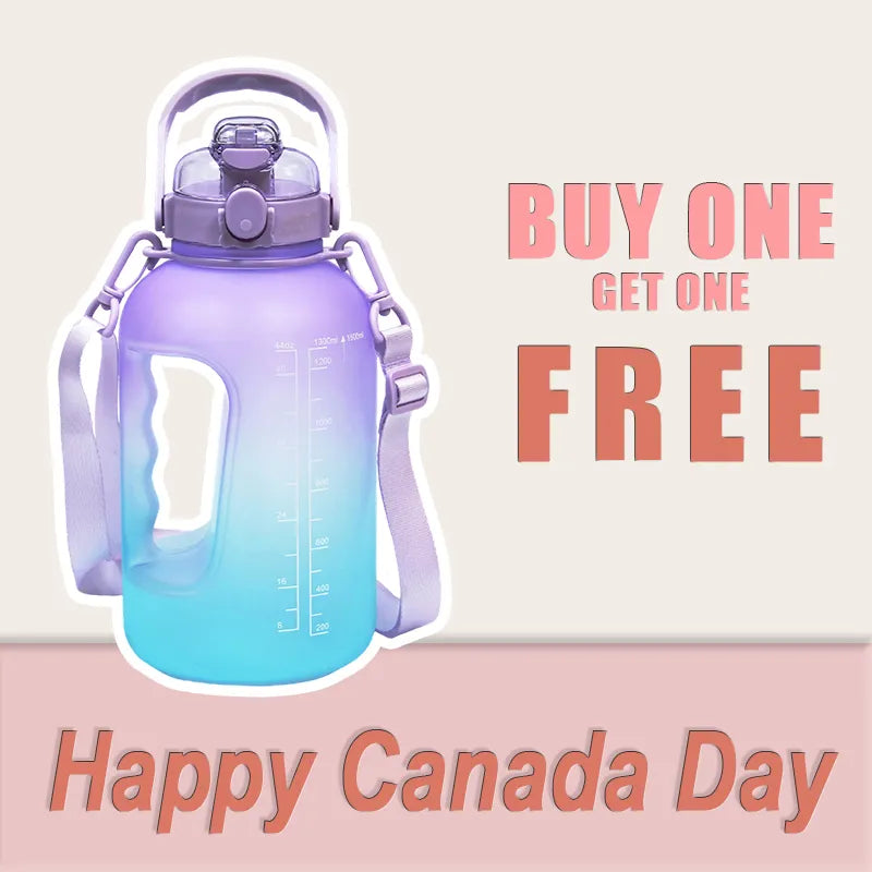Gradient purple-blue water bottle with straw lid and handle strap – Buy One Get One Free Canada Day deal, 50% off from June 15 to July 15.
