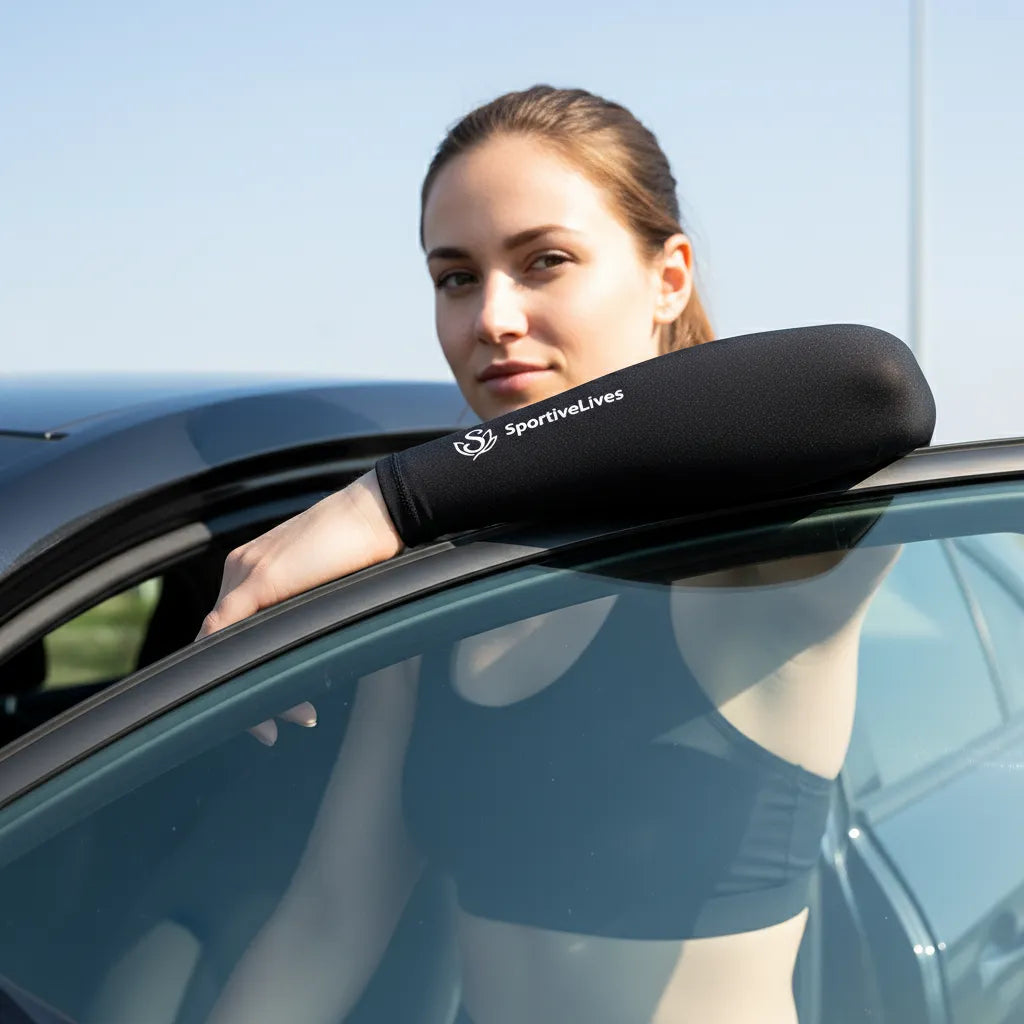 Woman resting arm on car window wearing black UV arm sleeve for everyday UPF 50+ sun coverage.