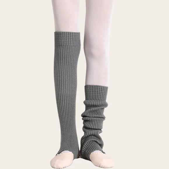 Light grey ribbed knit stirrup leg warmers by Sportive Lives for ballet, yoga, and pilates.