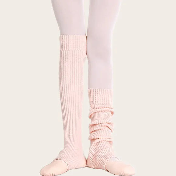 Light pink stirrup leg warmers designed for dancers, featuring a ribbed knit and open heel by Sportive Lives.
