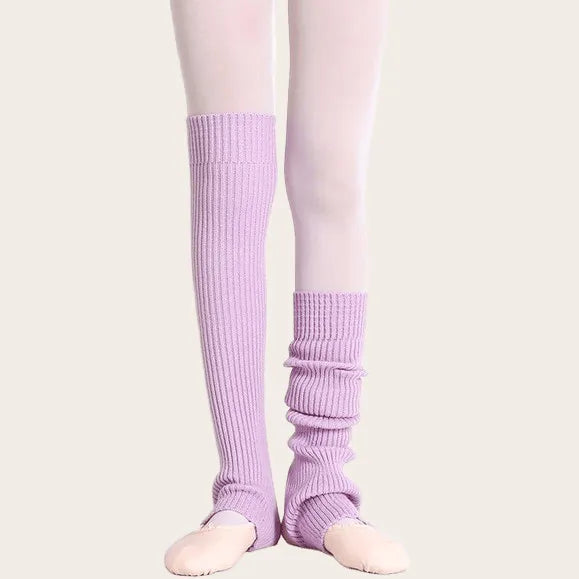 Light purple stretch leg warmers with stirrup heel opening, perfect for ballet warm-ups and yoga sessions.