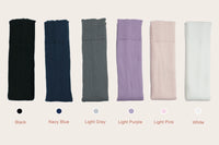 Color options of FlexiWarm Stirrup Leg Warmers by Sportive Lives, including Black, Navy Blue, Light Gray, Light Purple, Light Pink, and White — ideal for ballet, yoga, and pilates.