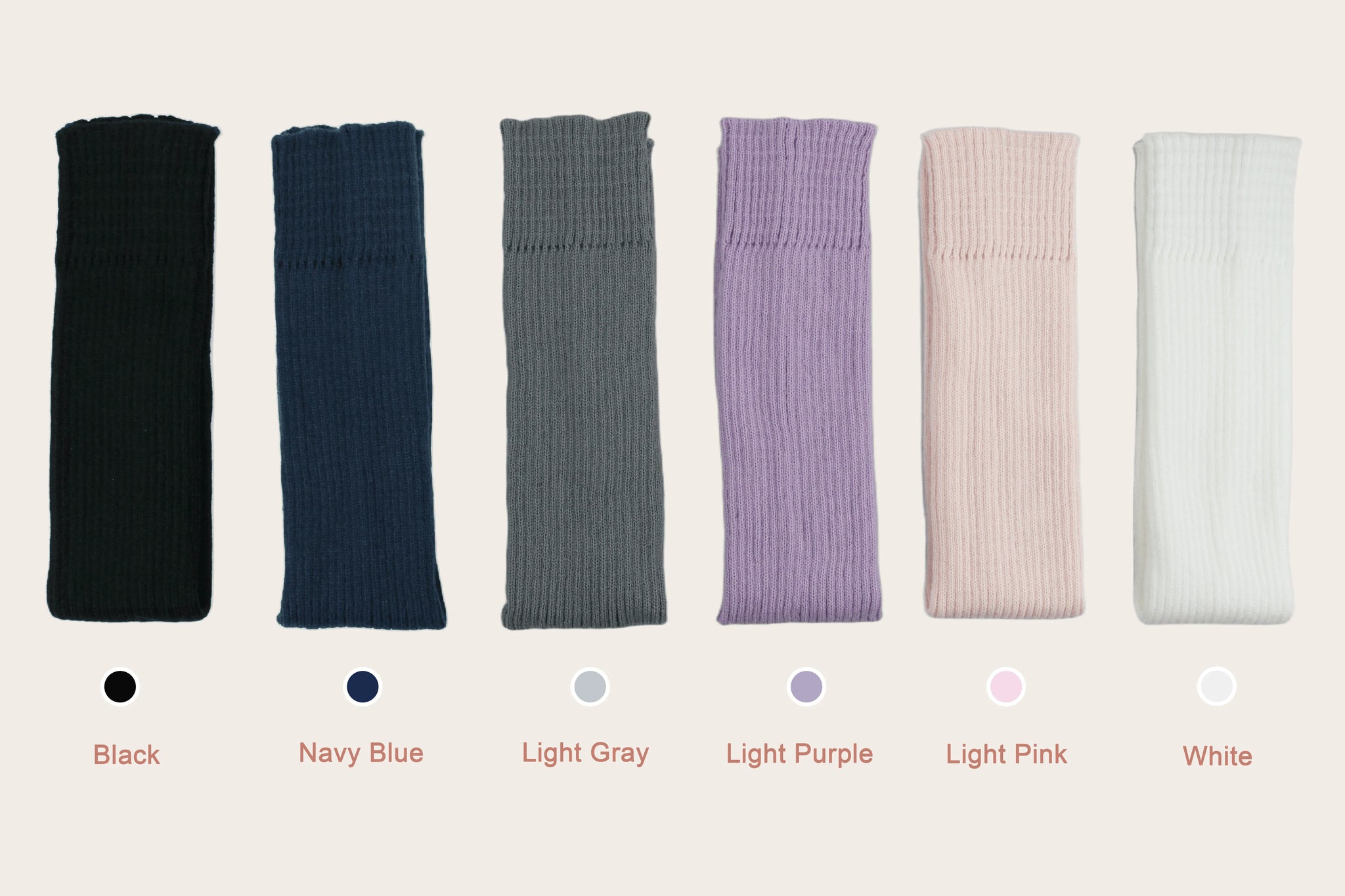 Color options of FlexiWarm Stirrup Leg Warmers by Sportive Lives, including Black, Navy Blue, Light Gray, Light Purple, Light Pink, and White — ideal for ballet, yoga, and pilates.