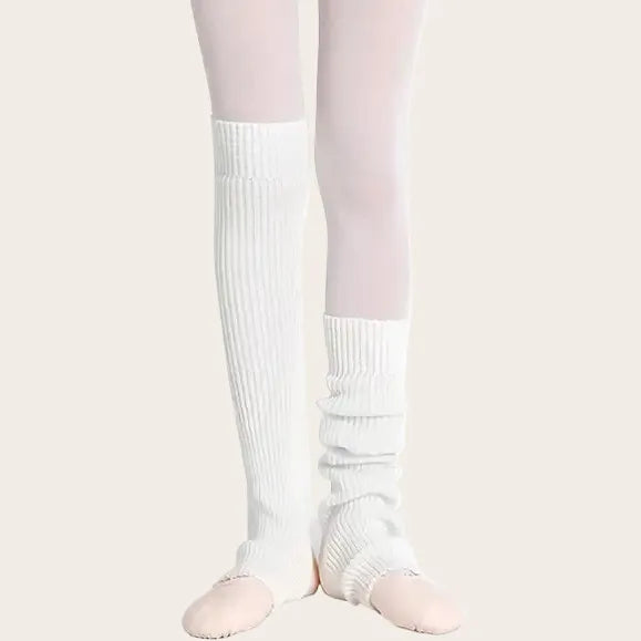 White stirrup leg warmers with breathable ribbed knit design, ideal for pilates and barre classes.