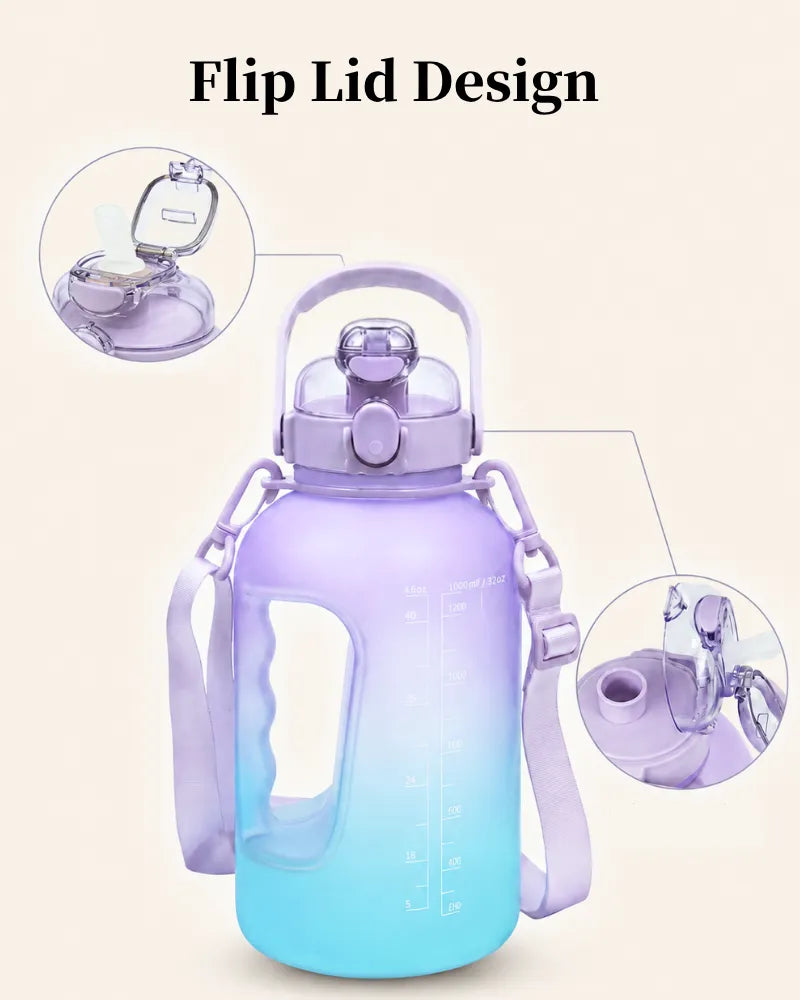 Purple and cyan GYM Bottle P150 with flip lid and drinking spout open