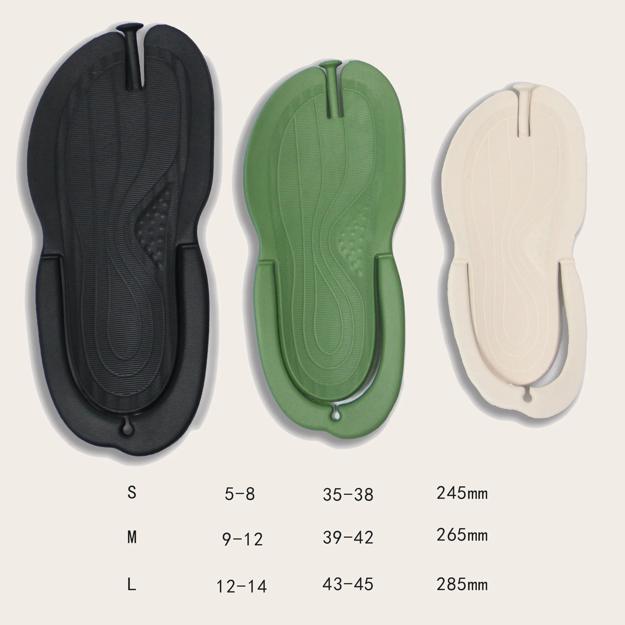 Foldable slippers available in black, green, and white. Size chart displaying small, medium, and large options, ranging from sizes 5 to 14.