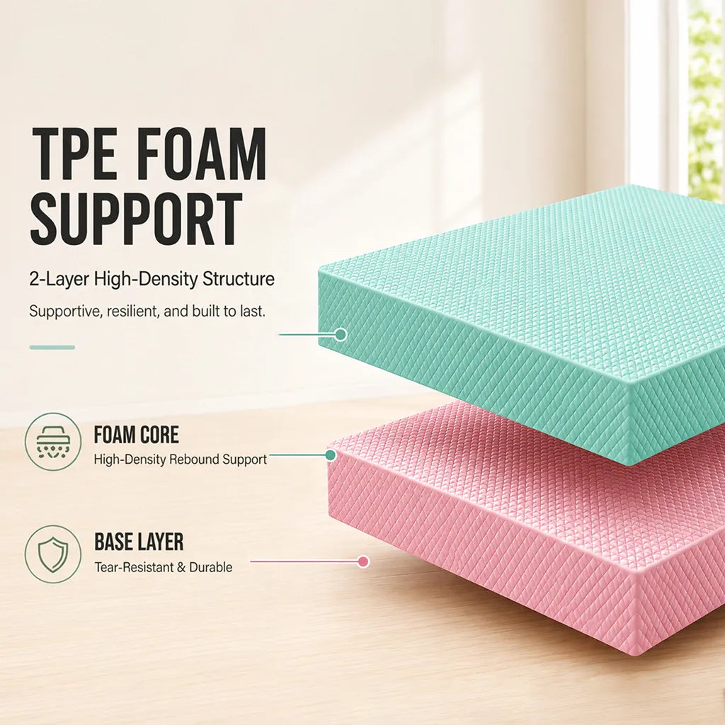 Sportive Lives TPE Yoga Balance Pad features a two-layer high-density foam structure designed for resilient cushioning, supportive rebound and durable everyday yoga and balance training.