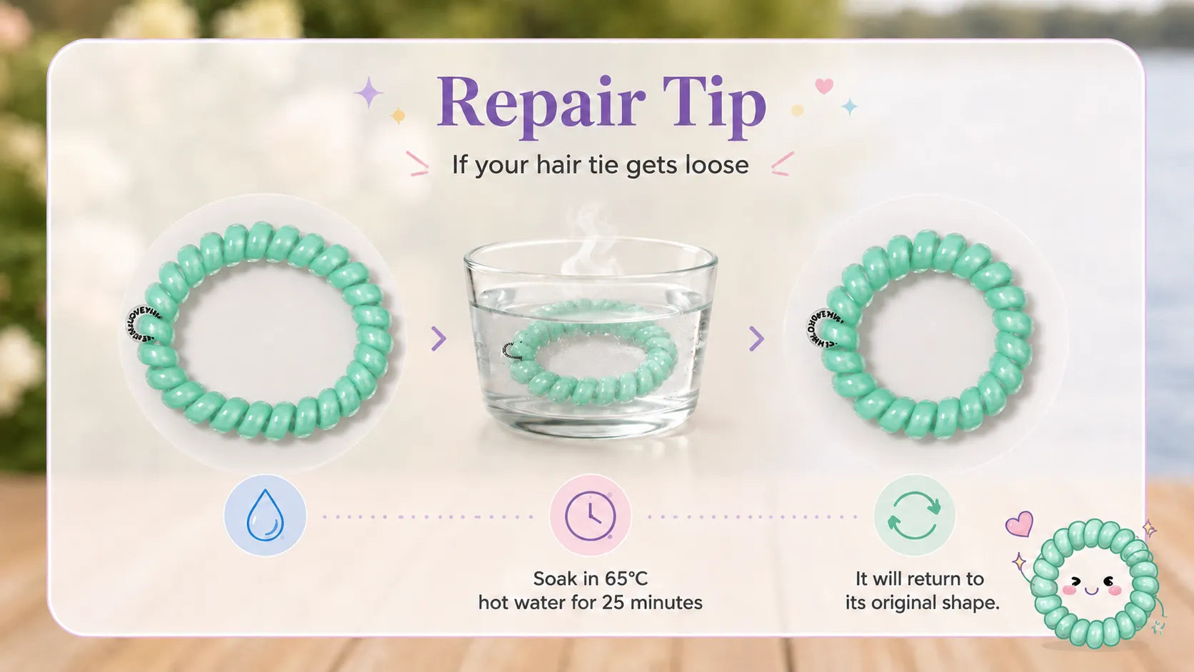 Repair guide showing how to restore a loose Jelly Spiral Hair Tie by soaking it in 65°C hot water for 25 minutes.
