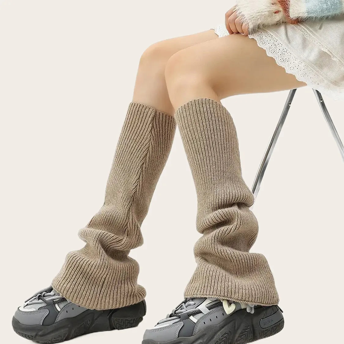 Khaki ribbed knit leg warmers for women, ideal for layering in chilly weather.