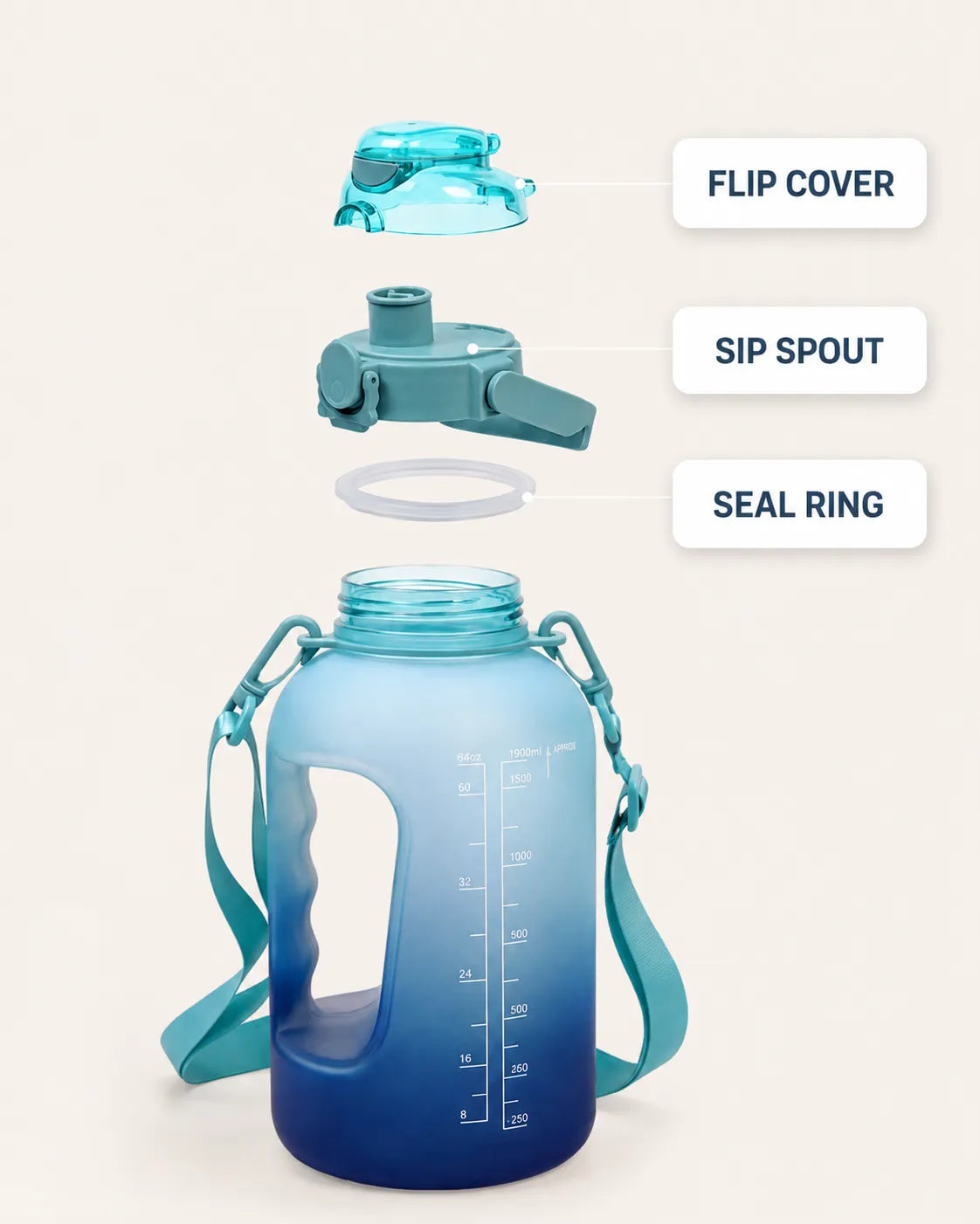 Exploded view of the GYM Bottle P150 flip cover, sip spout and seal ring