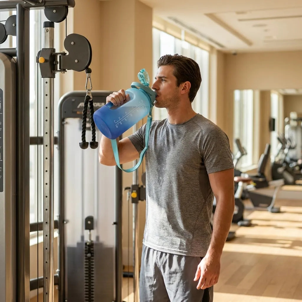 Man drinking from a large blue Sportive Lives gym water bottle with handle and shoulder strap during a workout.