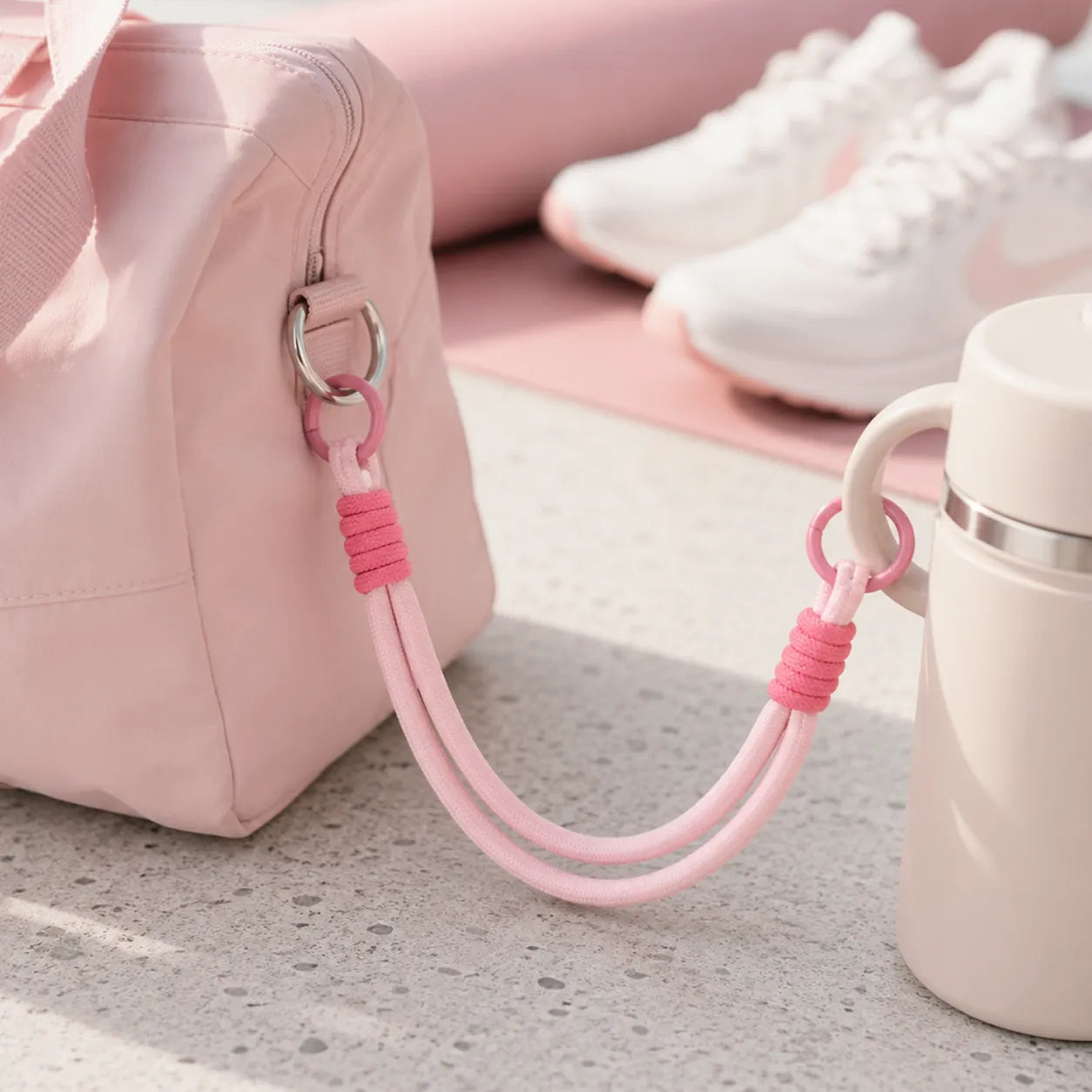 Pink braided rope charm connecting a gym bag to a travel mug handle beside workout shoes and a yoga mat.