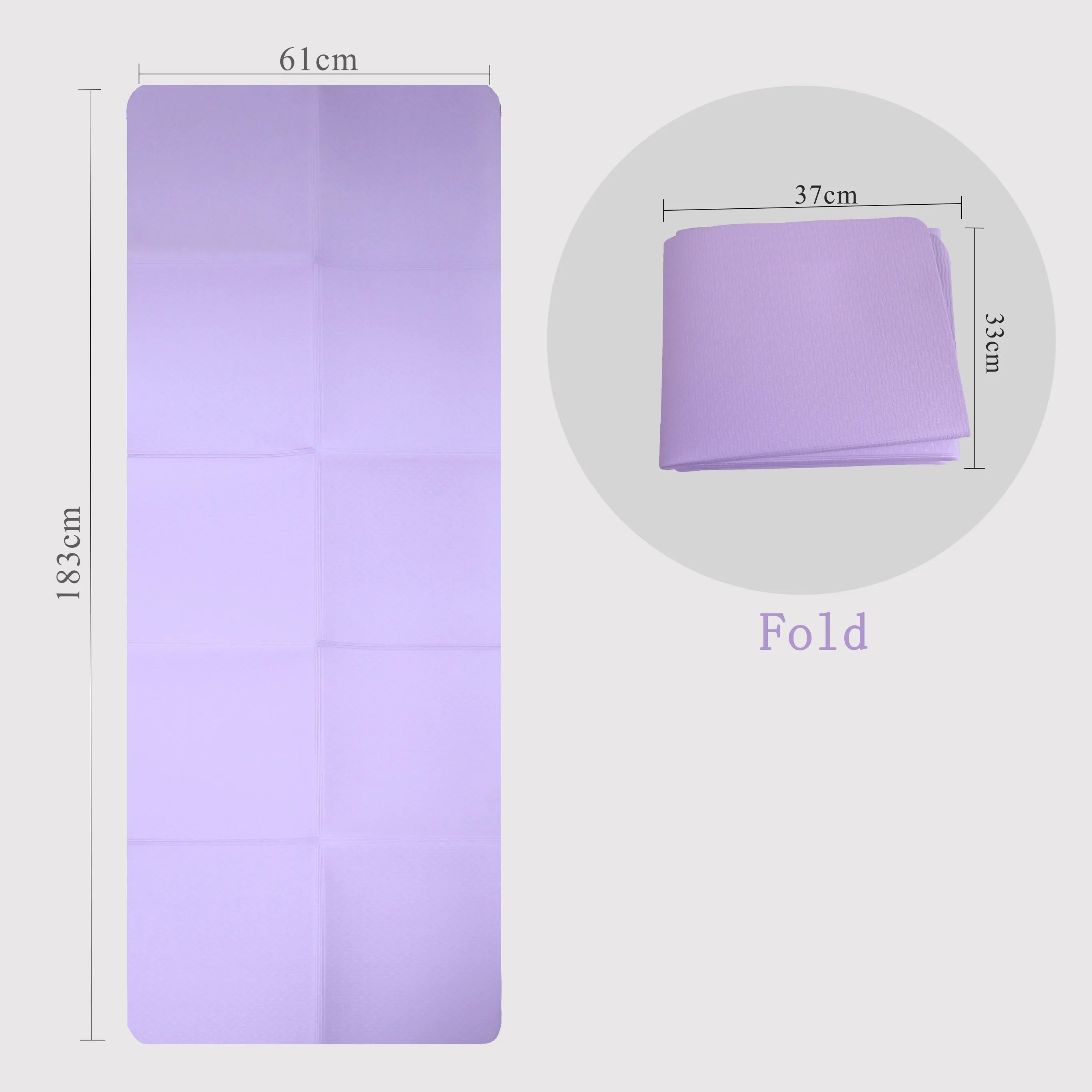 Foldable purple TPE yoga mat, size 183x61cm, compact fold 37x33cm, ideal for travel and home workouts in Canada.