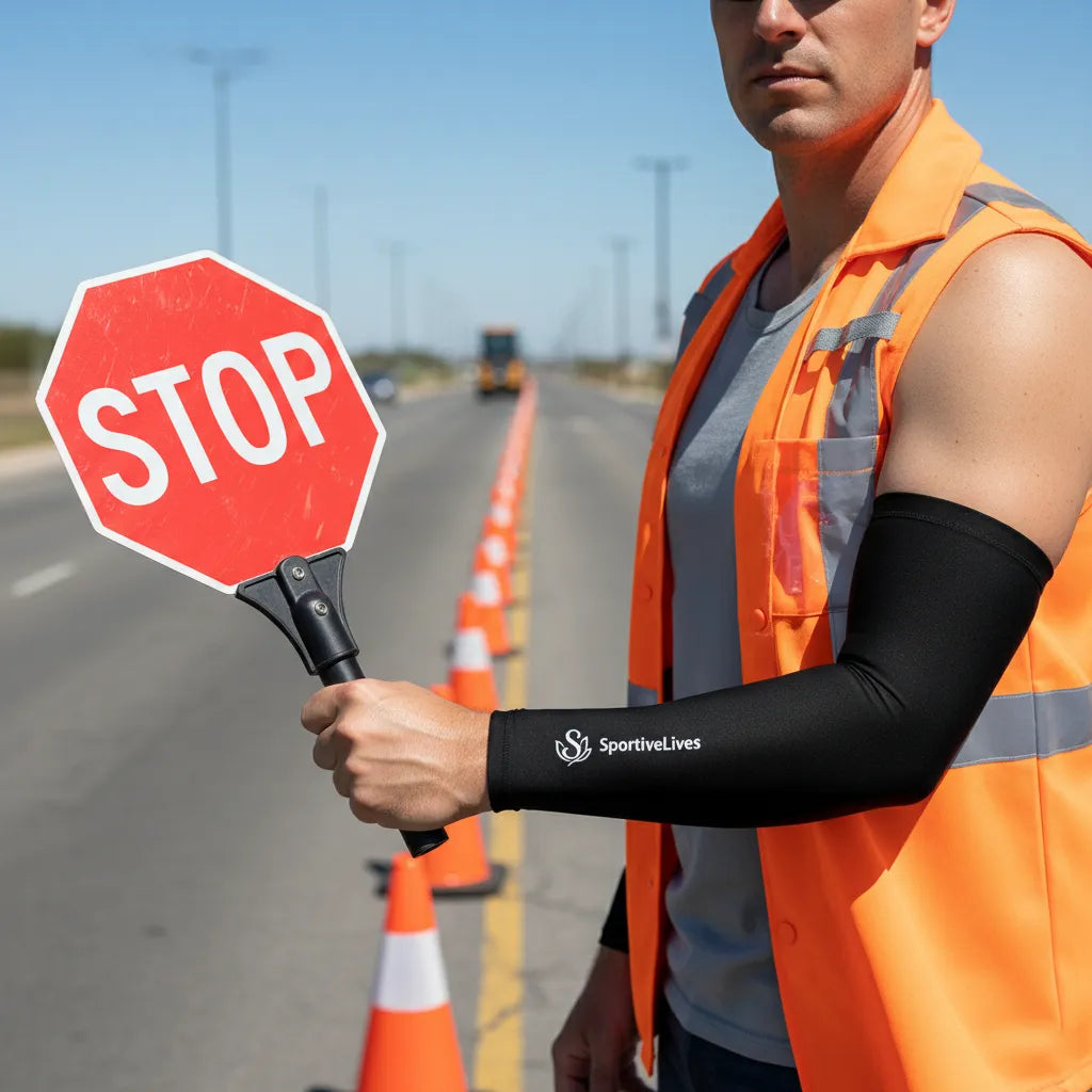 Road flagger in safety vest wearing black UV protection arm sleeves while holding a STOP sign.