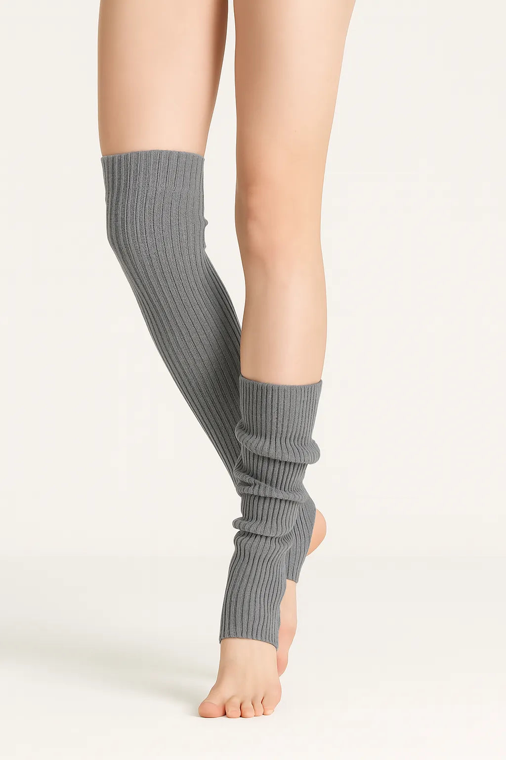 Close-up of grey SLIM Leg Warmer by Sportive Lives, showing ribbed knit texture and over-the-knee stretch fit. Designed for dancers and yoga practitioners in Canada who need comfort, flexibility, and warmth during warm-up or daily wear.
