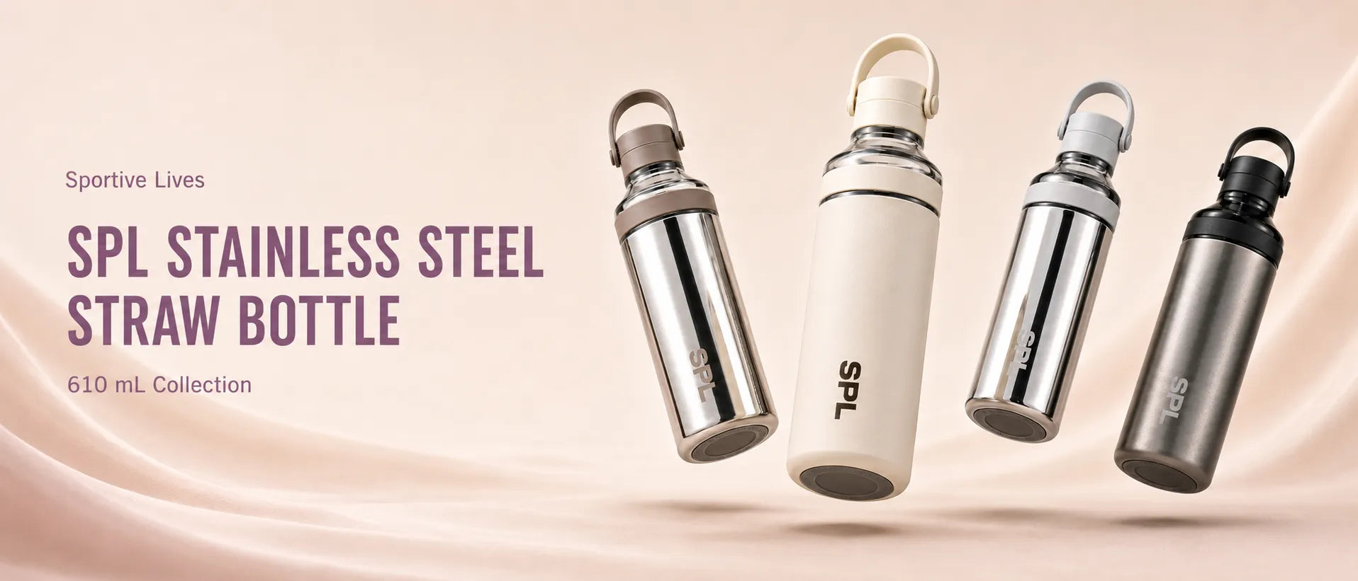 SPL Stainless Steel Straw Bottle 610 mL collection banner showing four color finishes with carry handles and SPL branding