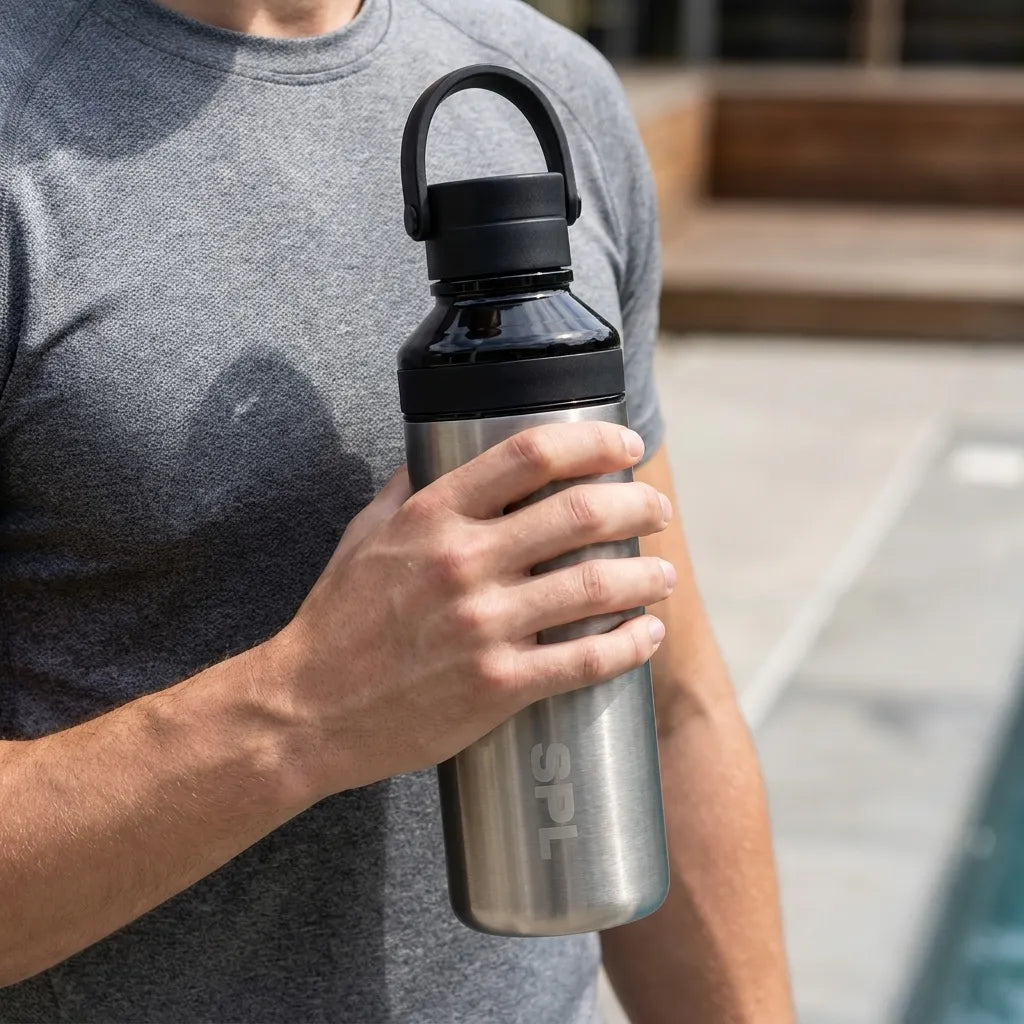 Man holding the SPL Stainless Steel Straw Bottle in brushed steel black during an outdoor workout break