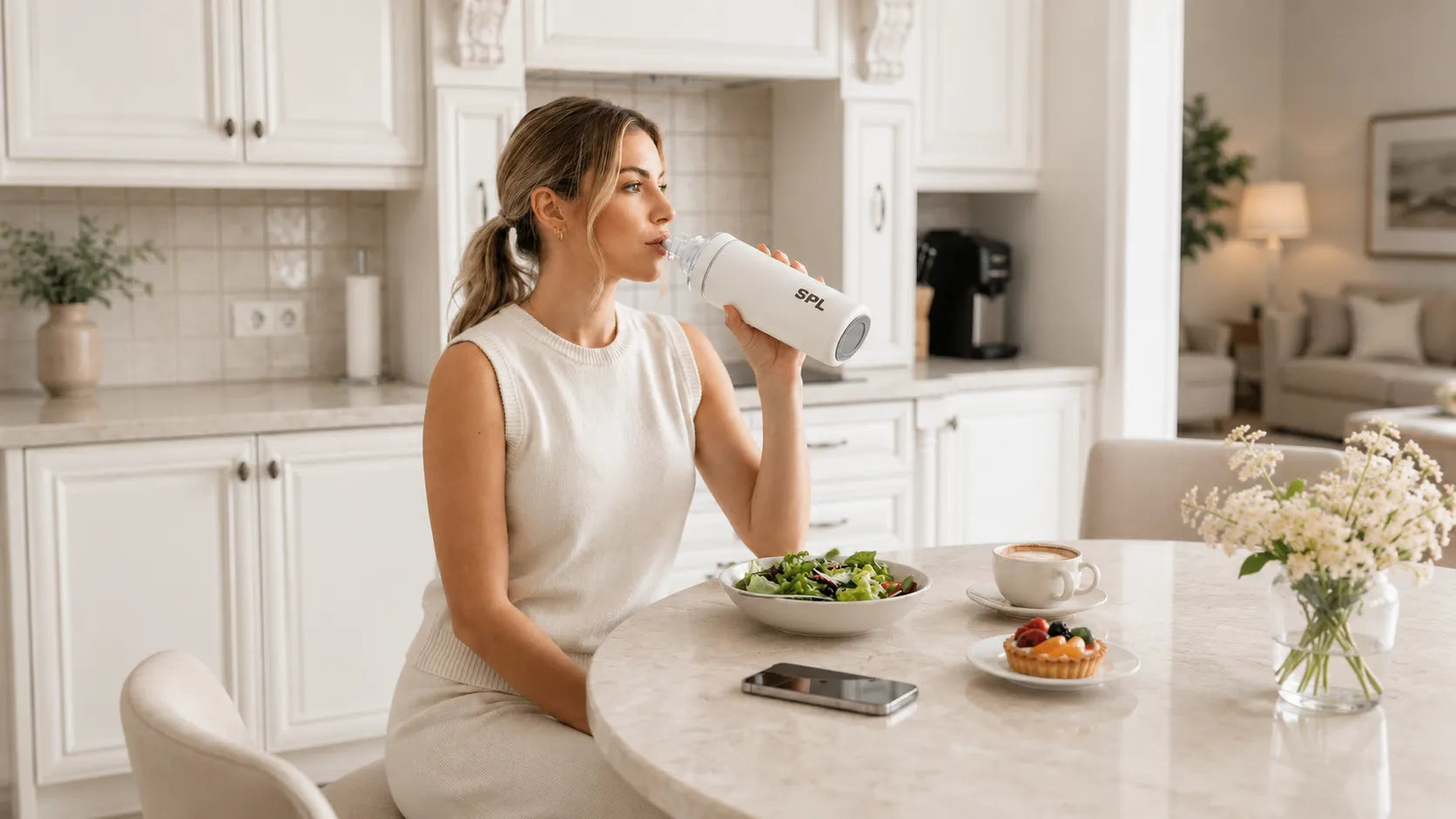 Woman drinking from the warm white SPL Stainless Steel Straw Bottle at home beside a light breakfast table