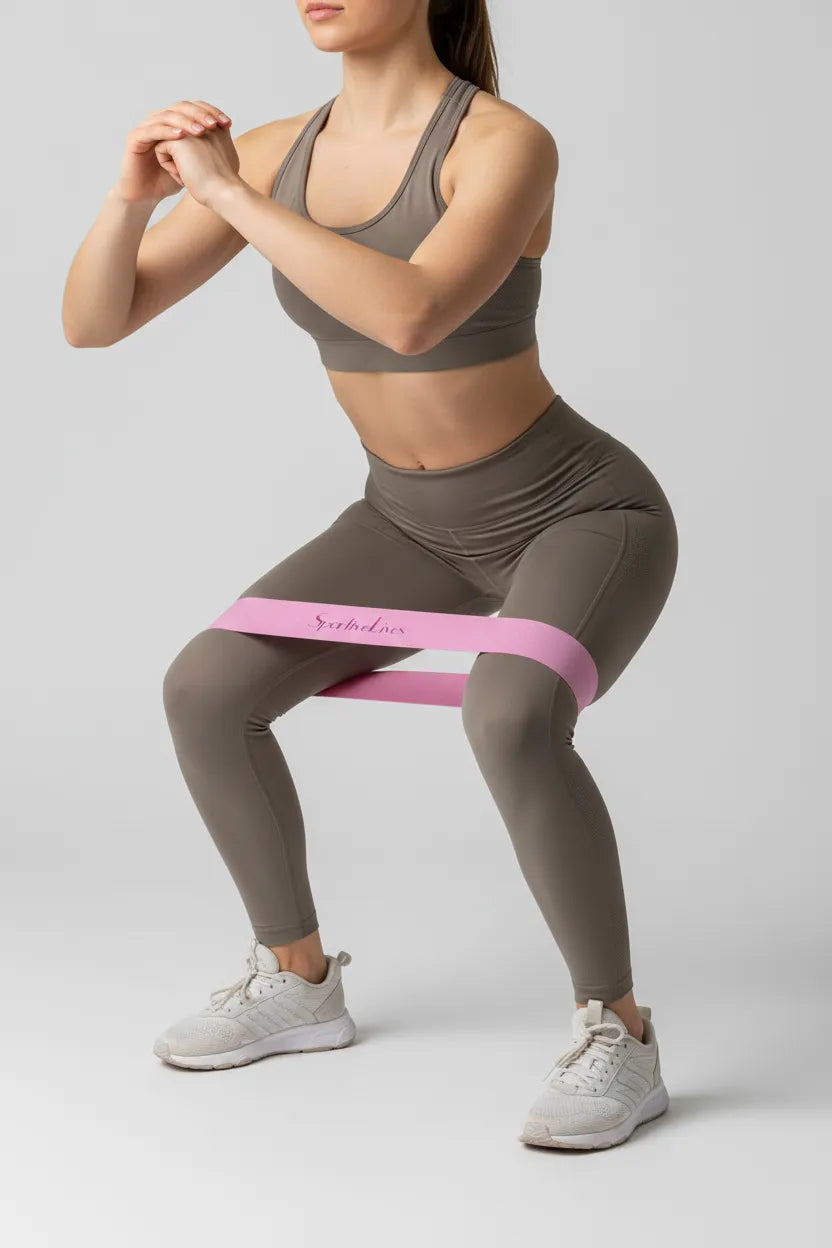 Woman performing squats with a pink Sportive Lives fabric resistance band above knees for glute activation