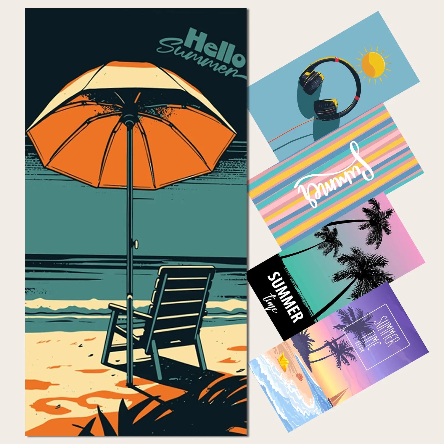 Retro beach scene towel with umbrella and chair – Sand Free Quick Dry Microfiber