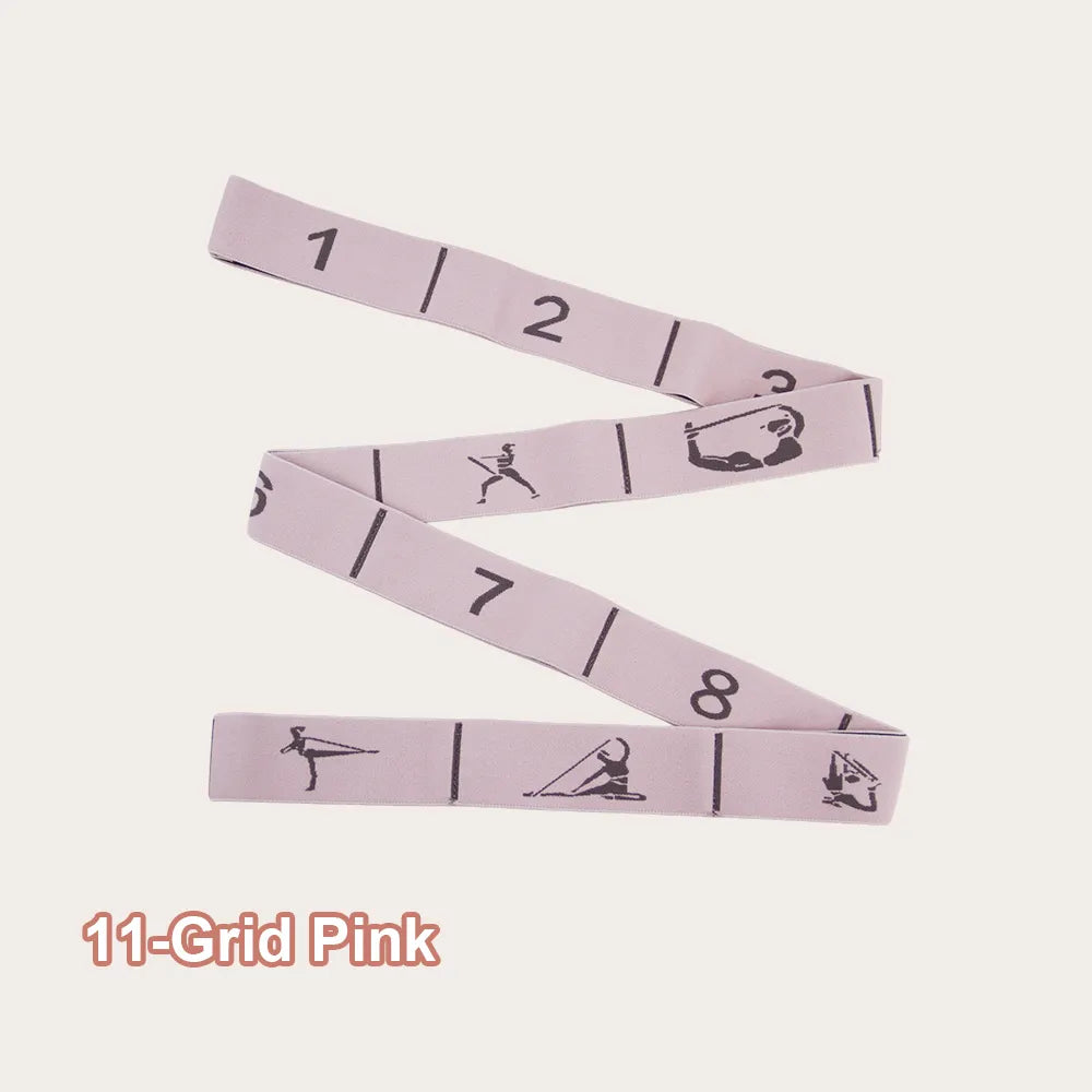 Sportive Lives 11-section pink yoga stretch band with training illustrations, designed for yoga, ballet, and pilates stretching. Durable fitness strap made for Canadian active lifestyle users.