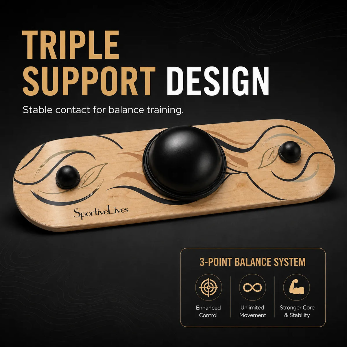 Sportive Lives wooden balance board featuring a three-point support system with one centre dome and two side stabilizers.