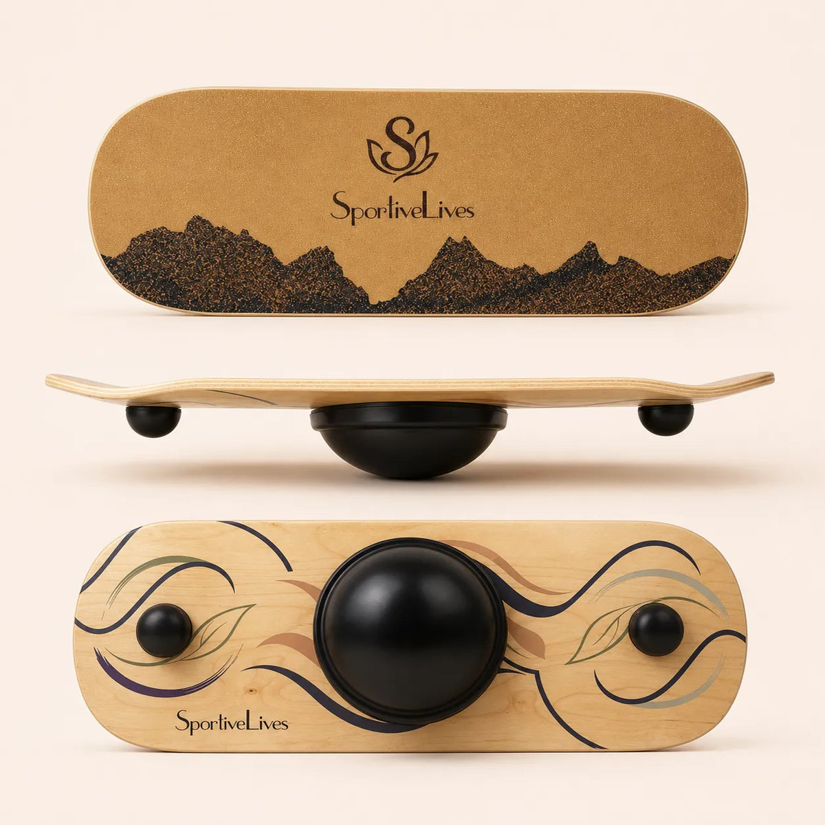 Sportive Lives 360 maple balance board shown from top, side and bottom views with a central balance dome and support points.