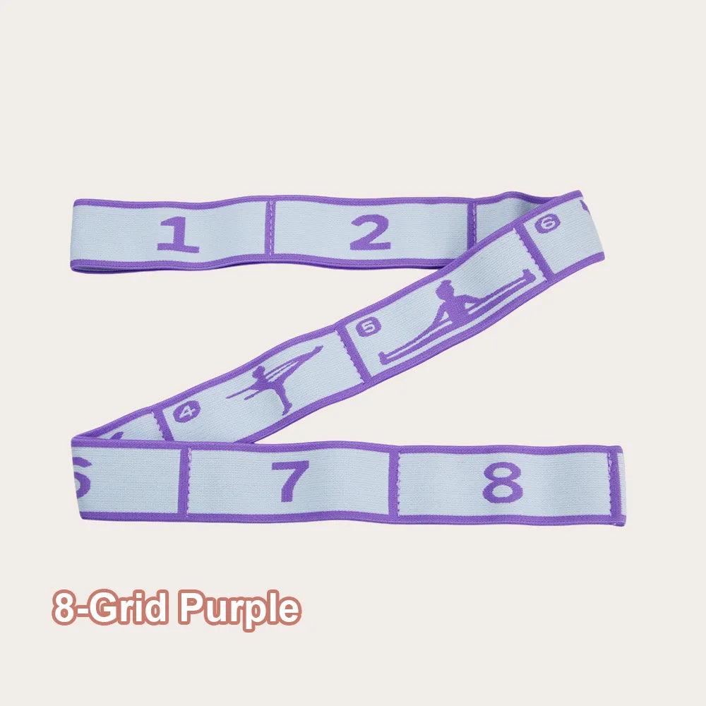 Sportive Lives 8-grid purple yoga stretch strap with numbered sections and flexibility pose illustrations, ideal for dance warm-ups, yoga flexibility, and pilates – high elasticity stretch band for Canadian fitness users.