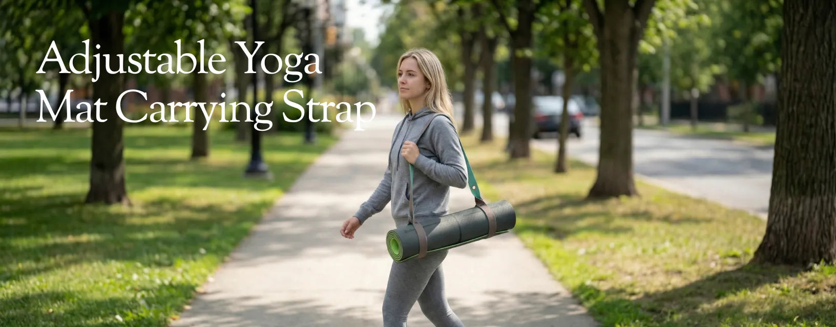 Sportive Lives adjustable yoga mat carrying strap shown in a wide desktop web banner with a woman walking along a tree-lined path carrying a rolled yoga mat in Canada