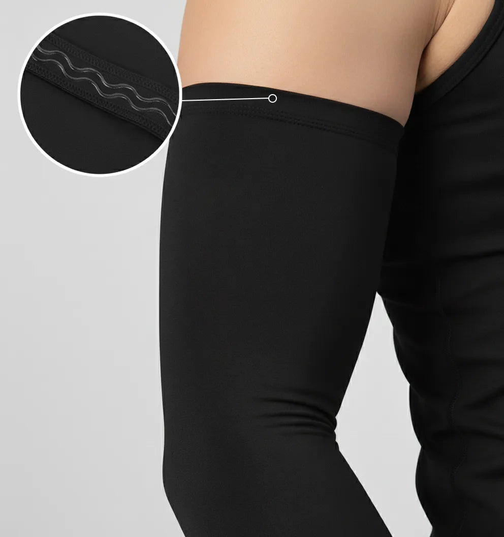 Close-up of black arm sleeve showing non-slip silicone cuff for a secure, stay-put fit; breathable, stretchy sun-protection sleeve.