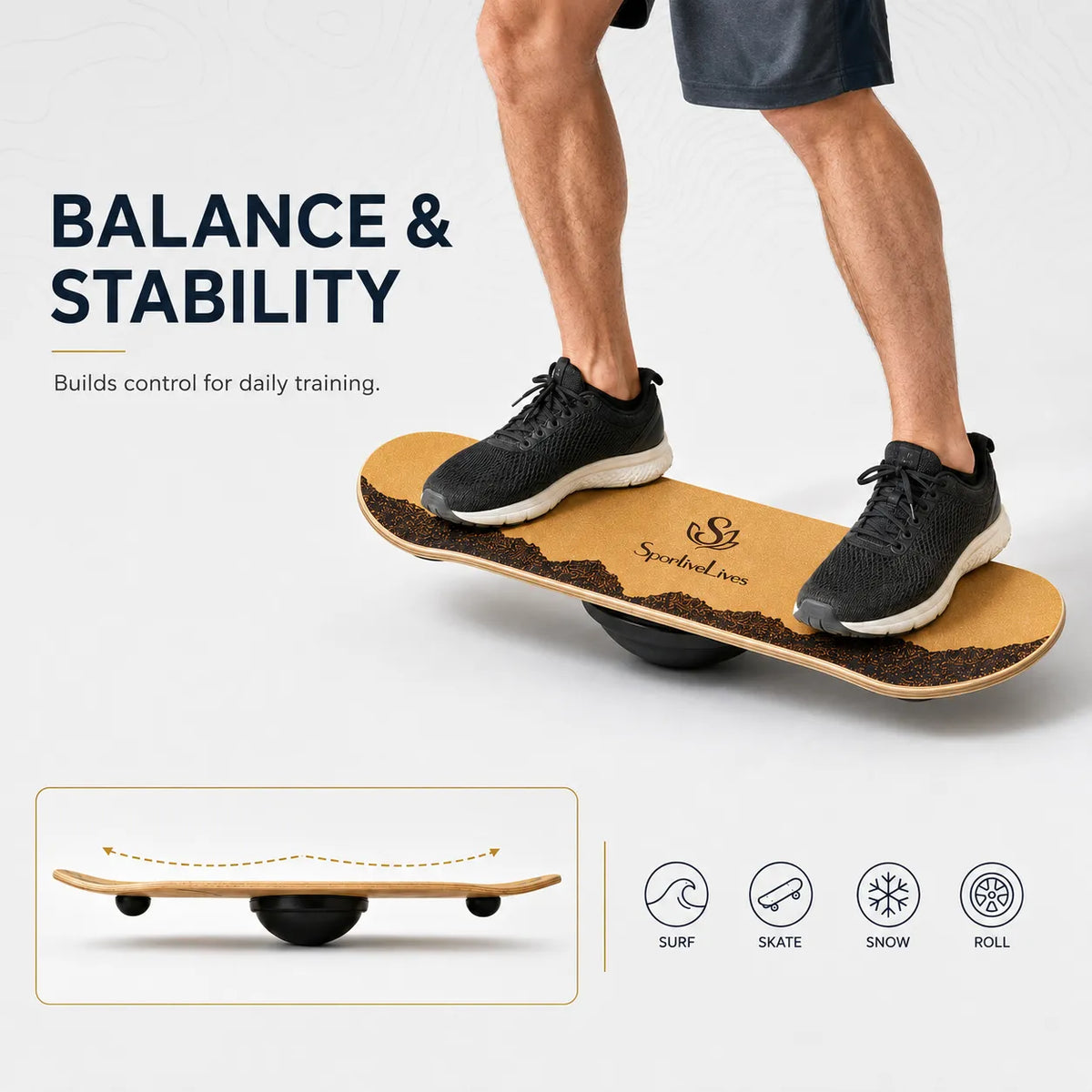 Sportive Lives wooden balance board with rocking base designed for balance, stability and daily coordination training.