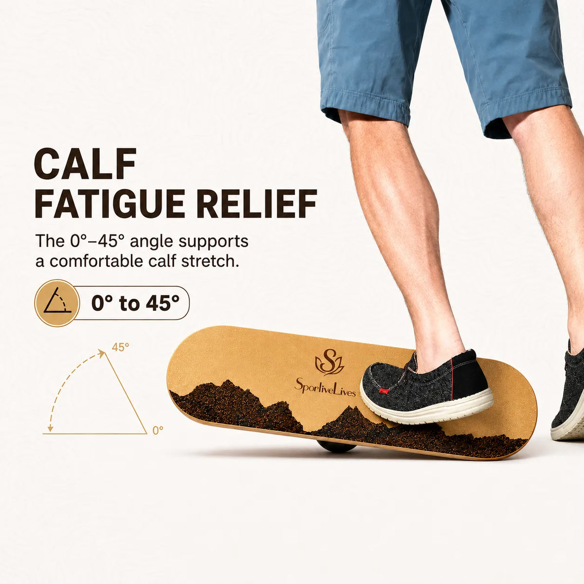 Sportive Lives balance board tilted for calf stretching and ankle mobility exercises with an adjustable training angle up to 45 degrees.