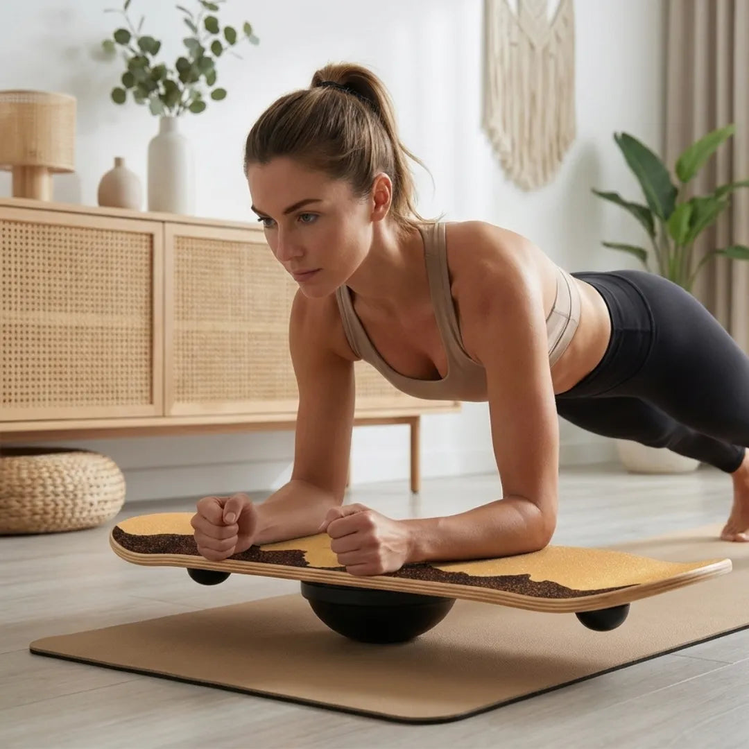 Woman holding a plank on a 360° maple balance board