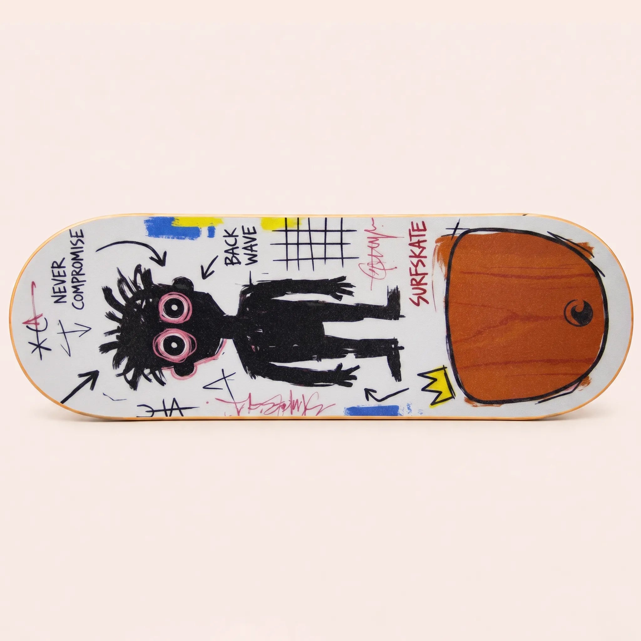 Sportive Lives wooden balance board featuring a graffiti character sticker design, shown as one of the random decorative sticker styles included with the board.