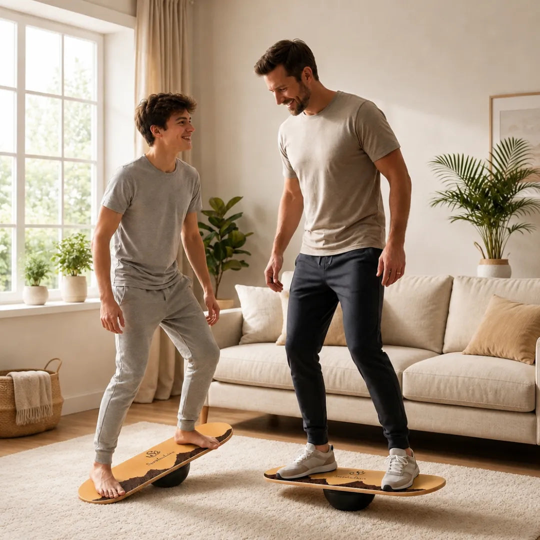 Two people practising balance training at home with maple balance boards