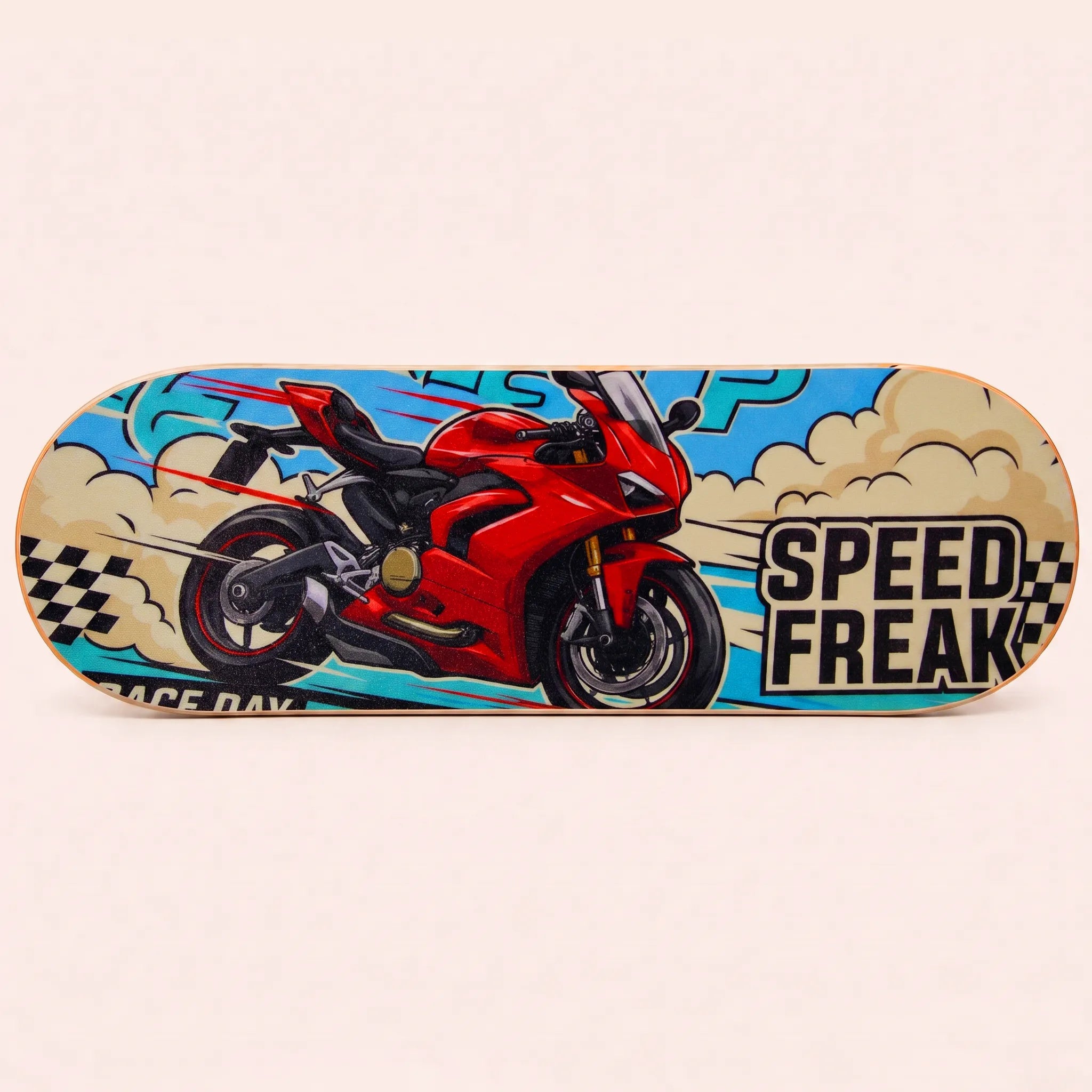 Sportive Lives balance board with a colourful motorcycle graphic sticker featuring a bold speed-inspired design.