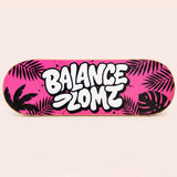 Sportive Lives wooden balance board featuring a pink Balance Zone graphic sticker with black tropical leaf details.