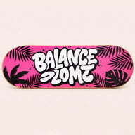 Sportive Lives wooden balance board featuring a pink Balance Zone graphic sticker with black tropical leaf details.